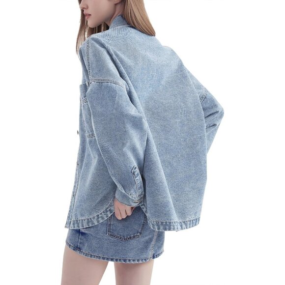 Women's Denim Jacket Wash Jean Jacket Coats With Pockets Oversized Light Blue - Picture 5 of 7